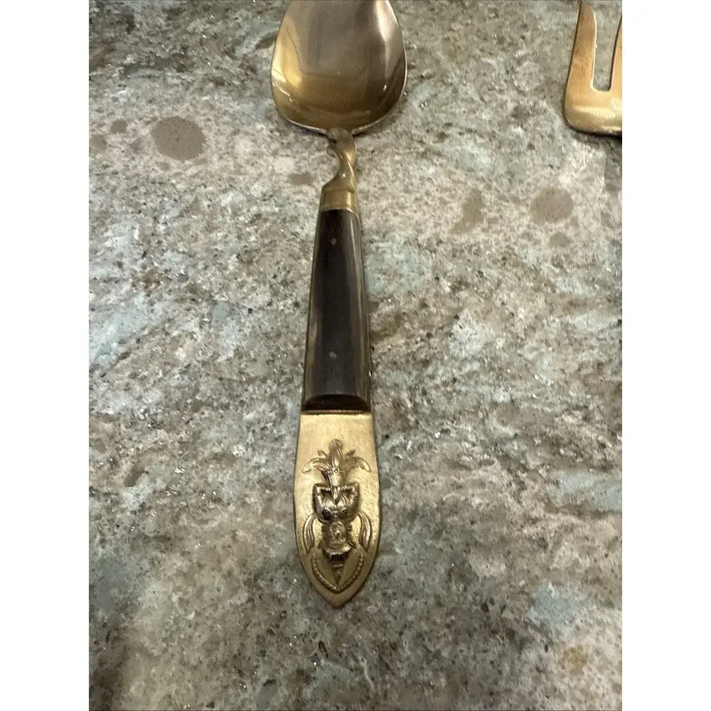 Vintage 1950’s Siam Thailand Mid Century Bronze And Wood Serving‎ Fork & Spoon
